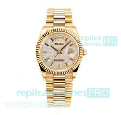 RA Factory Rolex Day-Date Gold President Diamond Paved Dial with Colored Gemstones